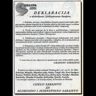 “Declaration for a free and unified Sarajevo” (extracts), published in Oslobođenje, 1.10.1994