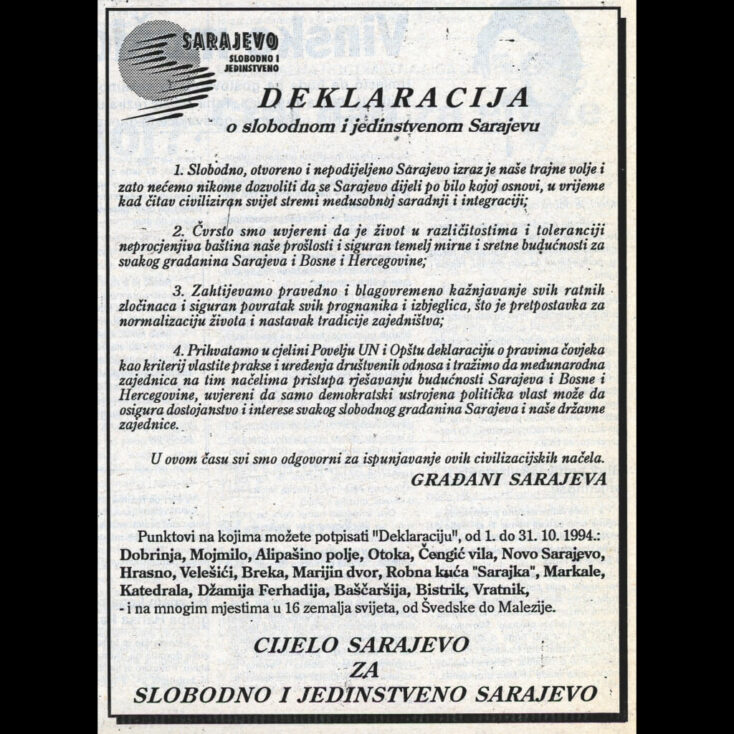 “Deklaracija o slobodnom i jedinstvenom Sarajevu” (odlomci), objavljeno u Oslobođenje, 1.10.1994.