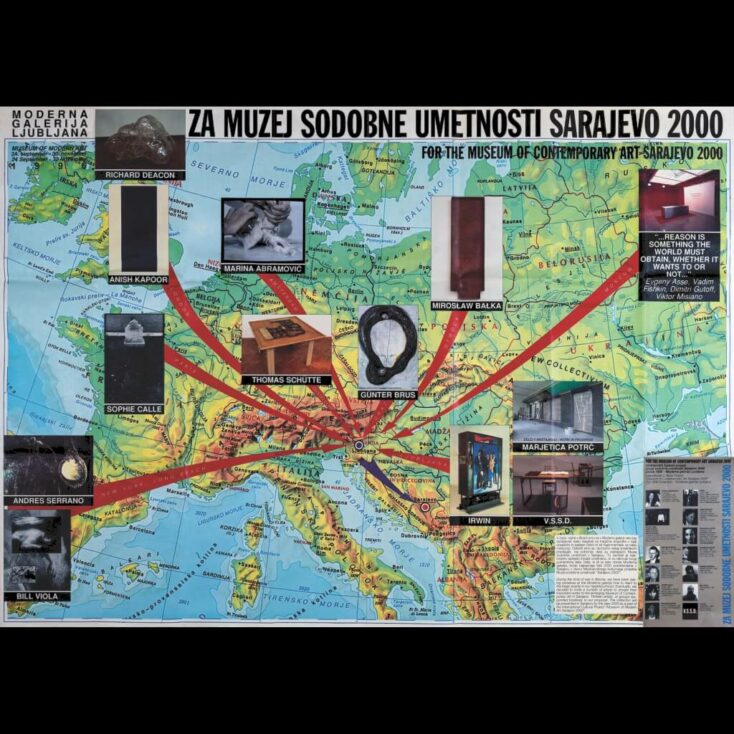 Map made by the Museum of Modern Art in Ljubljana showing works of art donated to the “Sarajevo 2000” project, 1996. (Personal archives Enver Hadžiomerspahić)
