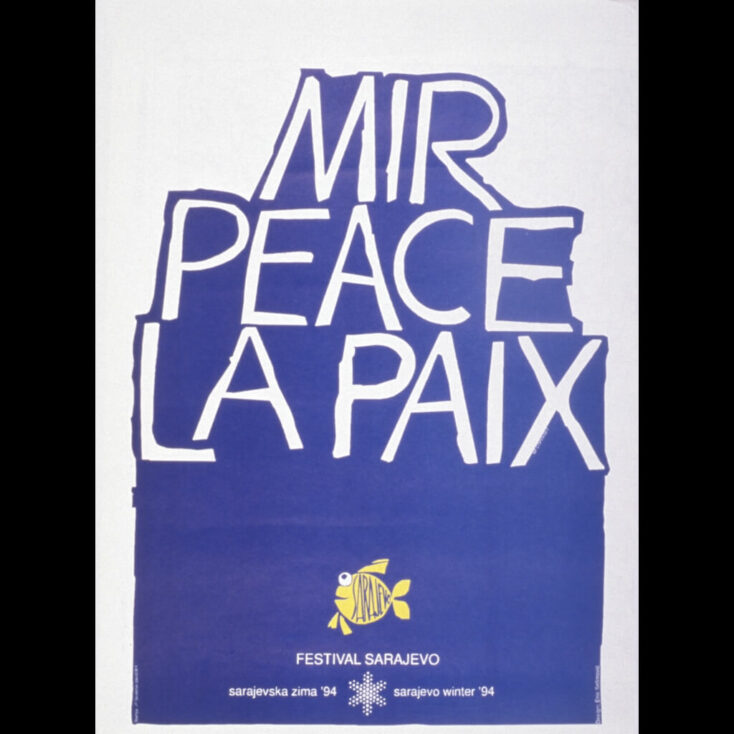 Plakat festivala Sarajevska Zima 1994, u izdanju Međunarodnog centra za mir / Sarajevske zime. (Odlomak predstojeće knjige “Bosnian war posters”, Daoud Sarhandi, Interlink Publishing)
