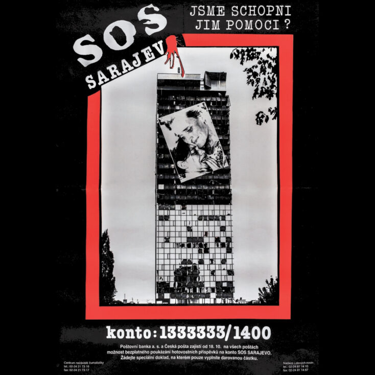 “SOS Sarajevo - Možemo li im pomoći?”: Poster “SOS Sarajevo” kampanja prikupljanja novca u Češkoj Republici 1993 . (Arhiva People in Need Foundation)