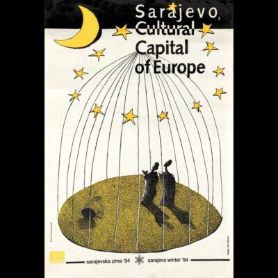 “Sarajevo - kulturna prijestolnica Evrope”, plakat Festivala Sarajevska Zima 1993/4. (Arhiv Historijski muzej Bosne i Hercegovine)