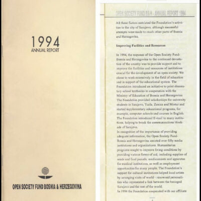 Cover and extract of the 1994 annual report of the Open Society Fund Bosnia and Herzegovina (Open Society Fund BiH, Digital Archive)