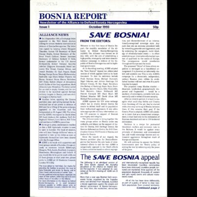 “Bosnia Report”, Bilten Alijanse za odbranu Bosne i Hercegovine, broj 1, oktobar 1993. (Zbirka Bošnjački institut-Fondacija Adila Zulfikarpašića)