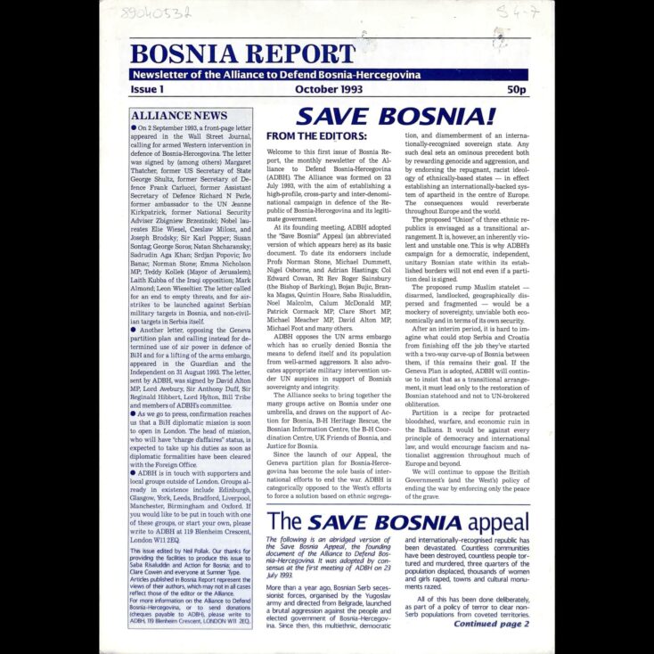 “Bosnia Report”, Bilten Alijanse za odbranu Bosne i Hercegovine, broj 1, oktobar 1993. (Zbirka Bošnjački institut-Fondacija Adila Zulfikarpašića)