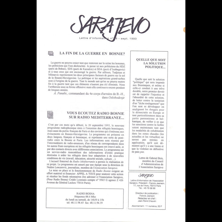Bilten “Sarajevo”, broj 18, septembar 1993, objavljen od strane “Association Sarajevo” u Parizu
