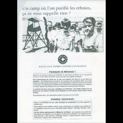 “Logor za etničko čišćenje, ne podsjeća li vas to na nešto?” Informativni tekst o kampanji koju je organizovao “Médecins du Monde” (Doktori Svijeta). (Arhiva CHT Nantes, Fondovi AEC Nantes)
