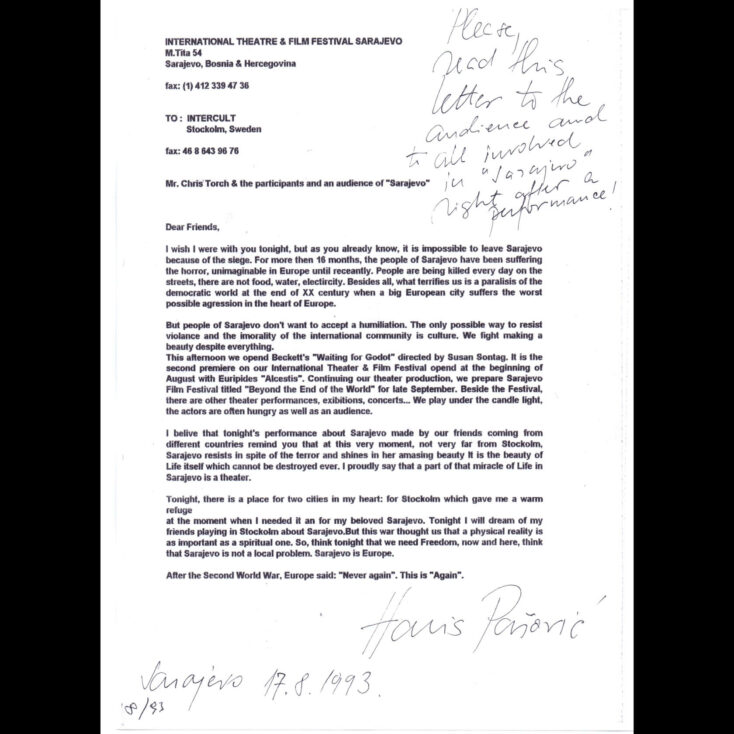 Letter by Haris Pašović to a theater in Stockholm, 17.8.1993 (Archives MESS Festival)