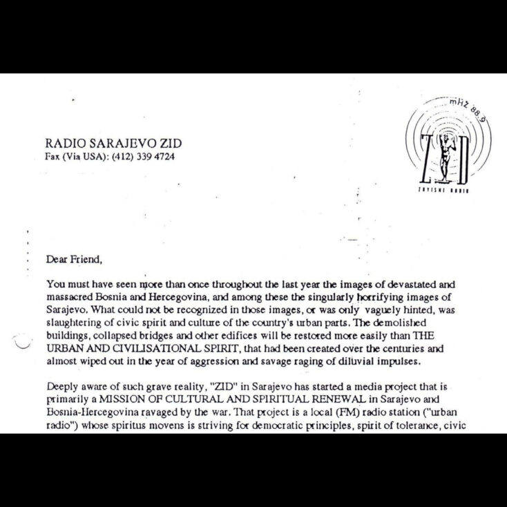Pismo Zdravka Grebe (odlomak) kojim se obavještava o stvaranju Radija ZID i traži međunarodna podrška, maj 1993. (Arhiva festival MESS)