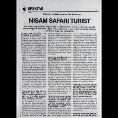 “I am not a safari-tourist”, Interview with Bibi Andersson, “New Spektar,” 1995, published by International Peace Centre