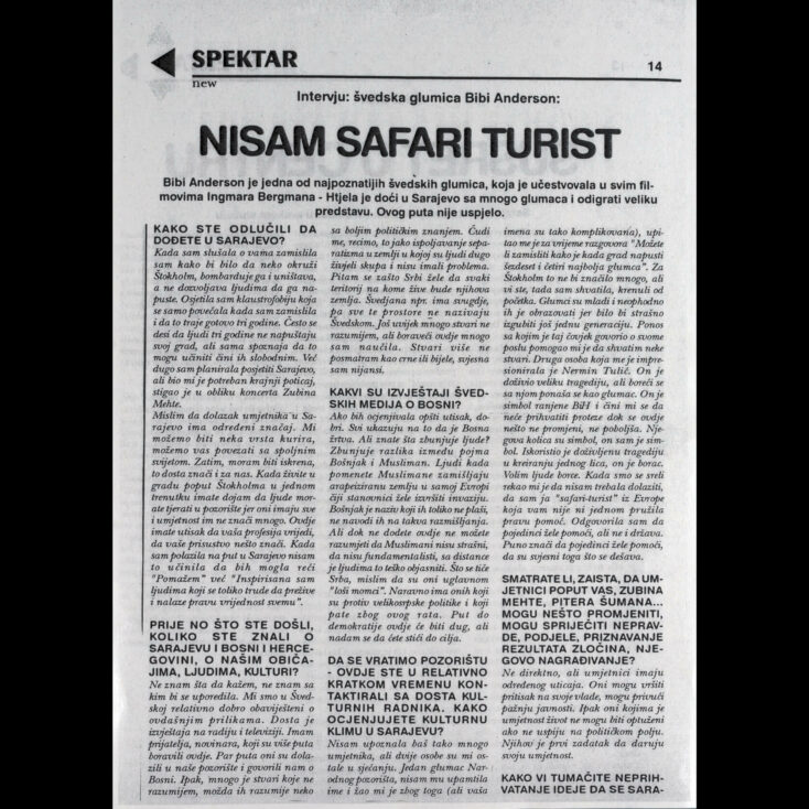 “I am not a safari-tourist”, Interview with Bibi Andersson, “New Spektar,” 1995, published by International Peace Centre