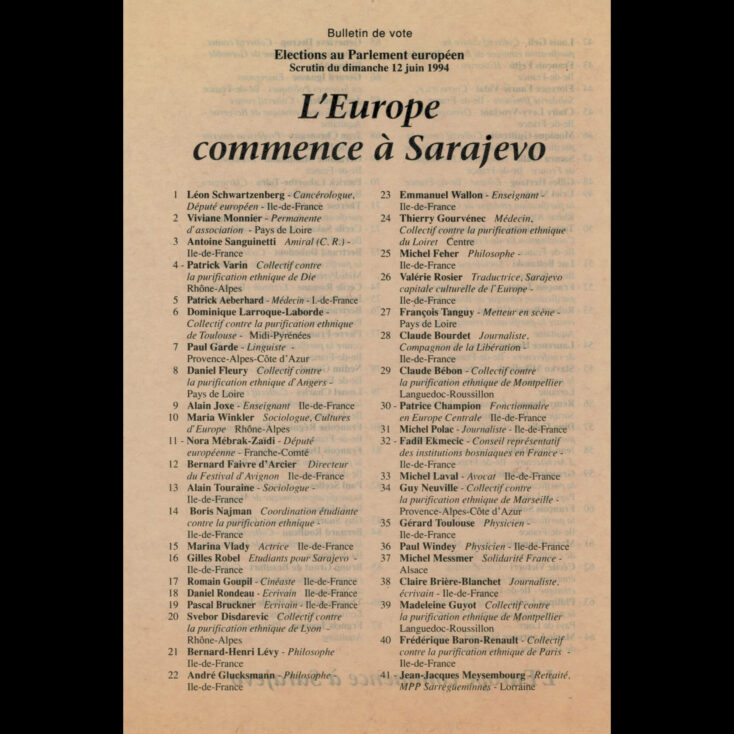 Prva strana glasačkog listića za listu “Evropa počinje u Sarajevu”, 1994. (Lična arhiva Sophie Kepes)